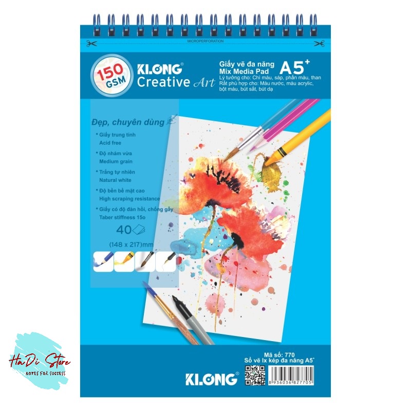 [HADI] KLONG Sổ vẽ lò xo đa năng 150GSM size A5 - 40 tờ (MS:770)