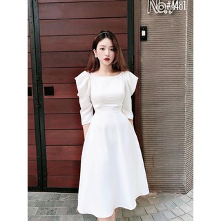 Đầm trắng dự tiệc dáng xòe cổ tròn tay phồng ( Hình thật chụp)