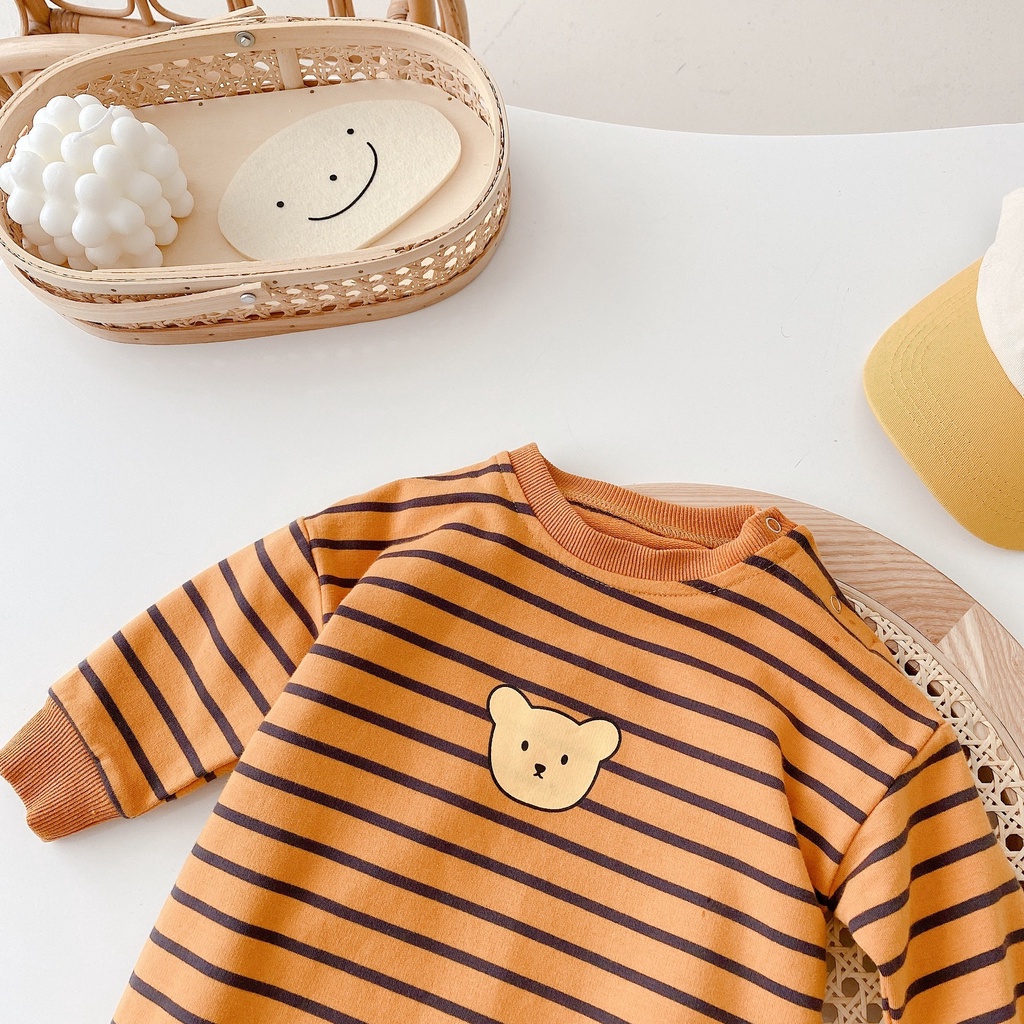 Bộ Áo Liền Quần Cotton Tay Dài Họa Tiết Kẻ Sọc In Hình Gấu Hoạt Hình Dễ Thương Cho Bé Sơ Sinh 0-2 Tuổi