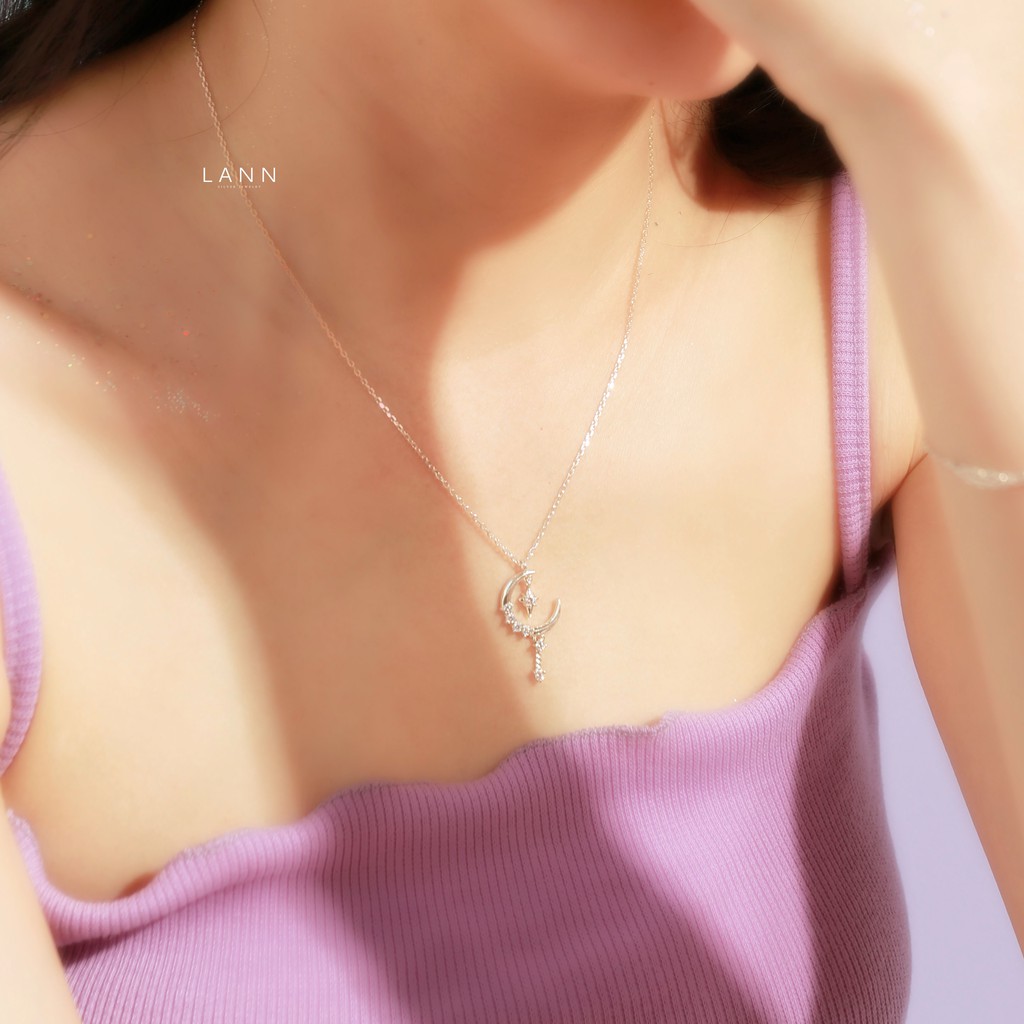 Vòng cổ Trăng nửa đá treo thanh đá trắng BẠC S925 LANN N170