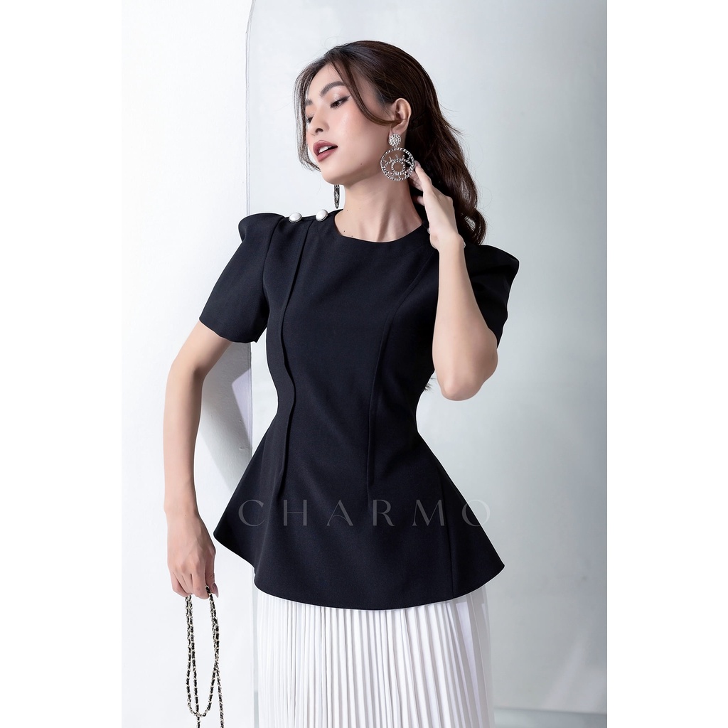 Áo cổ tròn CHARMO đính hạt trên vai form peplum ôm eo công sở thanh lịch Button Line Top