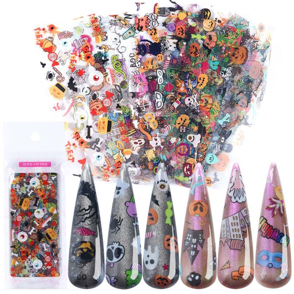 Set 10 Miếng Dán Trang Trí Móng Tay Họa Tiết Đầu Lâu Màu Đen Phong Cách Halloween