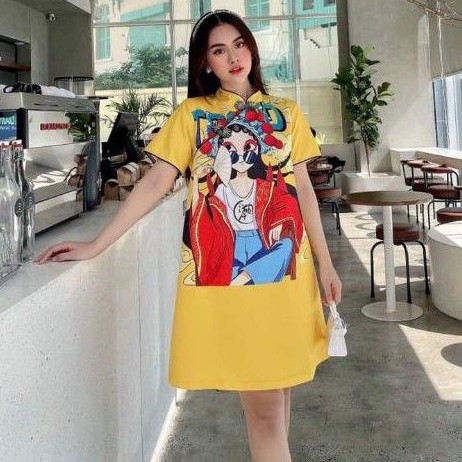 Đầm phi lụa phom suông họa tiết cổ tàu