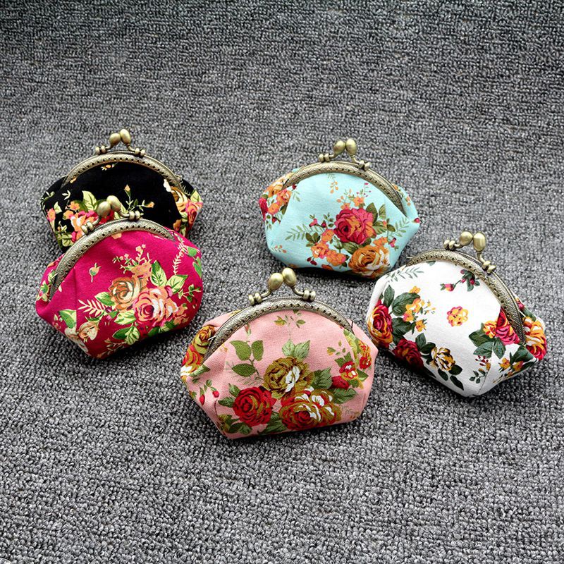 Ví Đựng Tiền Xu Khóa Kẹp Họa Tiết Hoa Vintage Cho Nữ