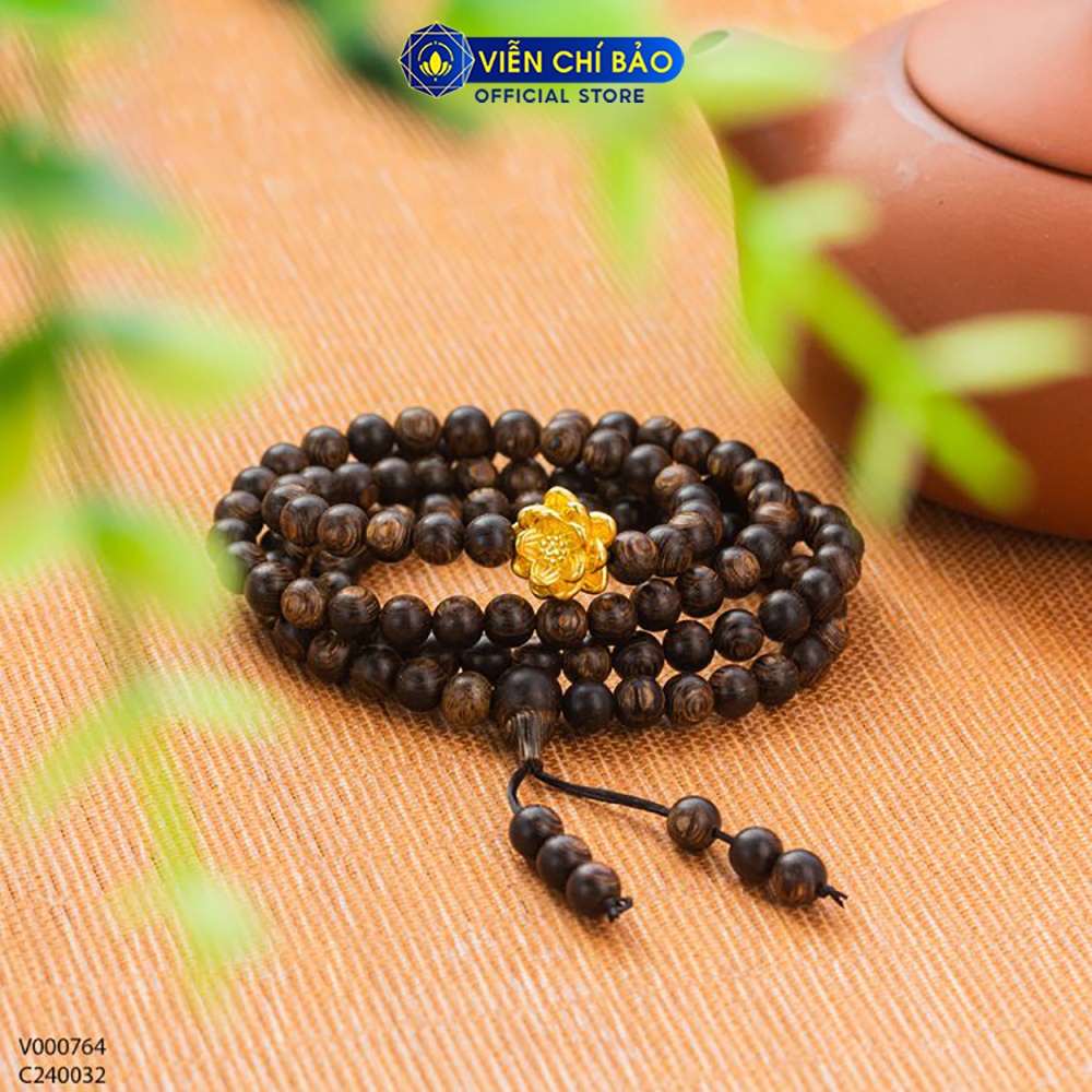Vòng tay Trầm hương sánh chìm 108 hạt mix Charm sen vàng 24K phụ kiện trang sức Viễn Chí Bảo V000850