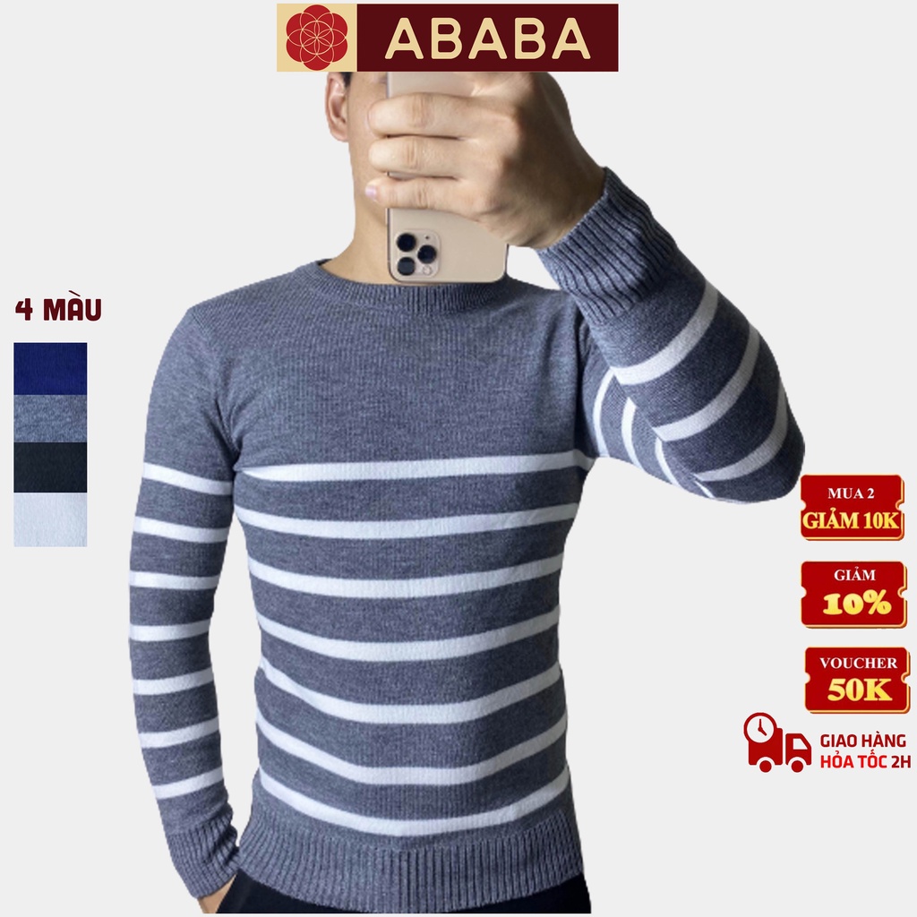 Áo len nam cổ tròn Hàn Quốc ABABA, tay dài cổ tròn, kẻ toàn thân m9 ABA-04