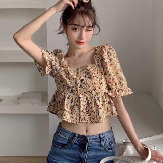 Áo voan tay ngắn cổ vuông họa tiết bông hoa thời trang dành cho nữ