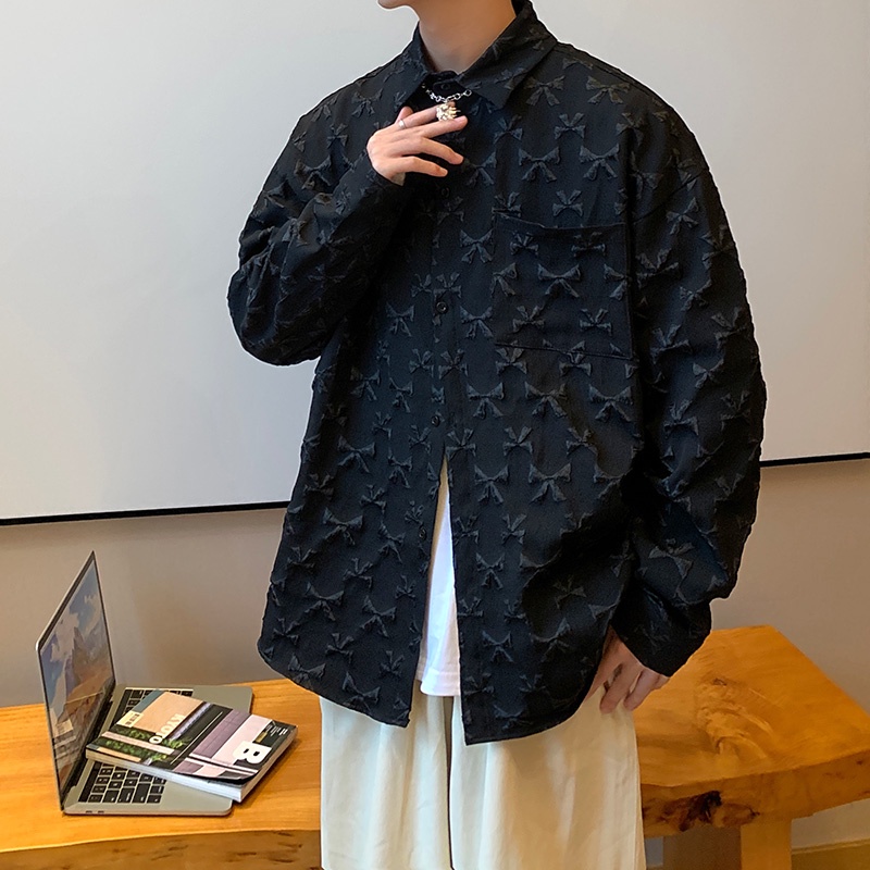 Áo Sơ Mi Tay Dài Dáng Rộng Màu Trơn In Họa Tiết Thời Trang Hàn Quốc Trẻ Trung Cho Nam