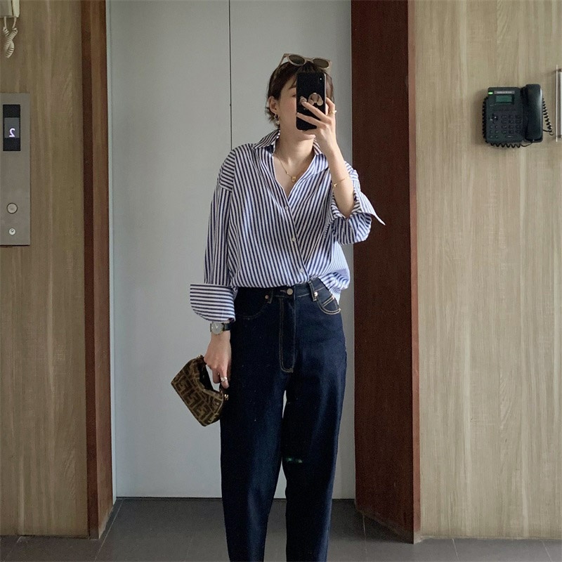 Áo sơ mi dài tay dáng rộng kẻ sọc thời trang mùa thu