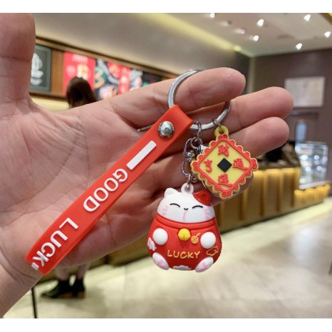 Móc khoá mèo may mắn mèo chiêu tài in hoa có tag MKDT33 móc khoá hoạt hình dễ thương