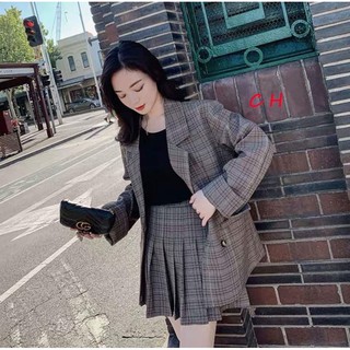 [Sói Xám] [Free ship 50k] ❤️❤️❤️- SÉT VÁY VEC XẾP LY KẺ TAY DÀI CH12 -Vải xịn