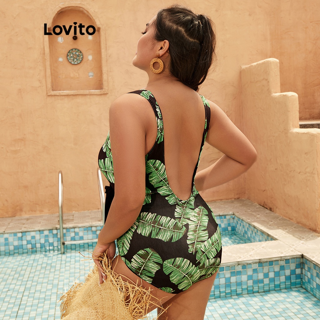 Đồ bơi liền thân Lovito cổ V gợi cảm ghép nối màu sắc nhiệt đới đệm tháo rời cho nữ LPS03022 (nhiều màu sắc)