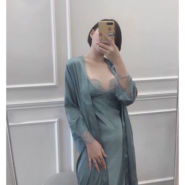 Set Đồ Ngủ, Váy Ngủ Lụa Kèm Áo Choàng Phối Ren Siêu Mềm Mịn Và Mát Cho Nữ Có Tặng Kèm Mút Ngực | BigBuy360 - bigbuy360.vn