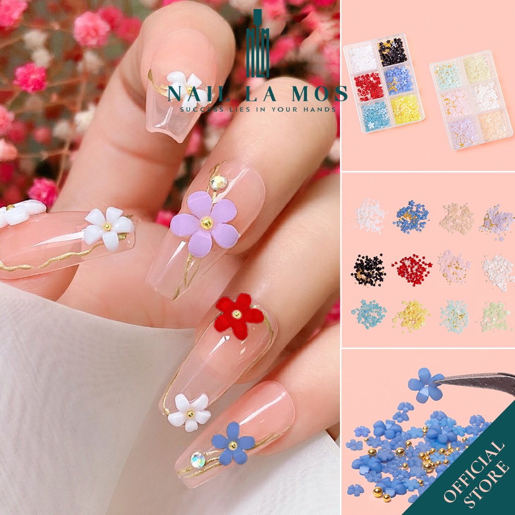 Khay phụ kiện hoa nhí nail mix 6 màu rất xinh – hoa sứ nhí nail mix bi trang trí móng phong cách Hàn Nhật