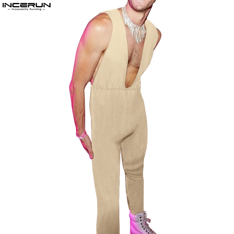 INCERUN Áo Liền Quần Cổ Chữ V Khoét Sâu Đính Kim Sa Lấp Lánh Thời Trang Cho Nam