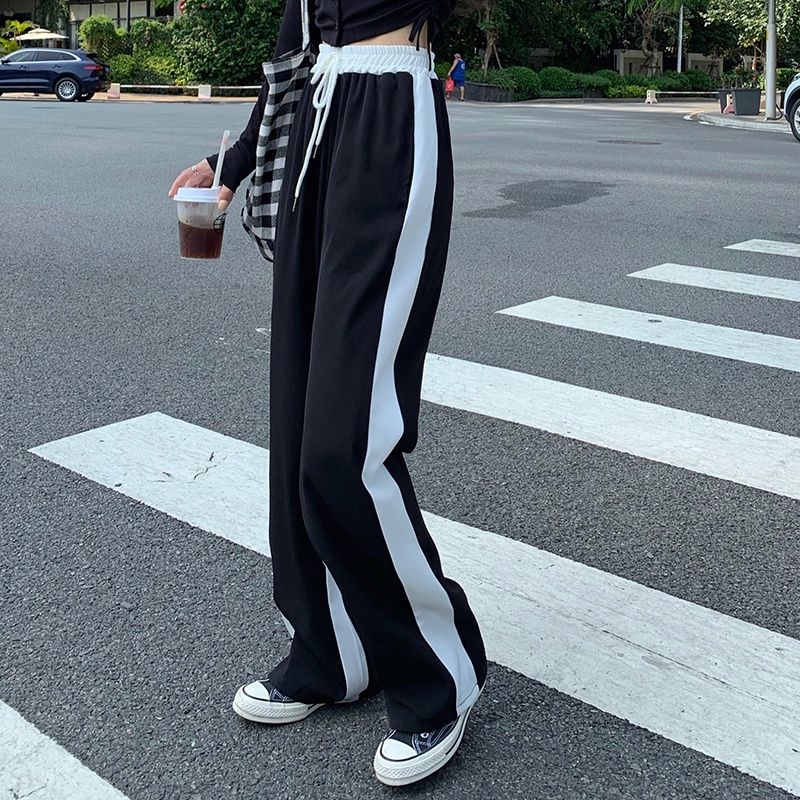 Quần dài ống rộng lưng cao phong cách thể thao hợp thời trang cho nữ