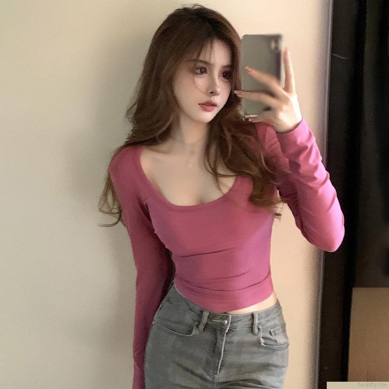 Áo thun dài tay cổ chữ U màu trơn thời trang cho nữ