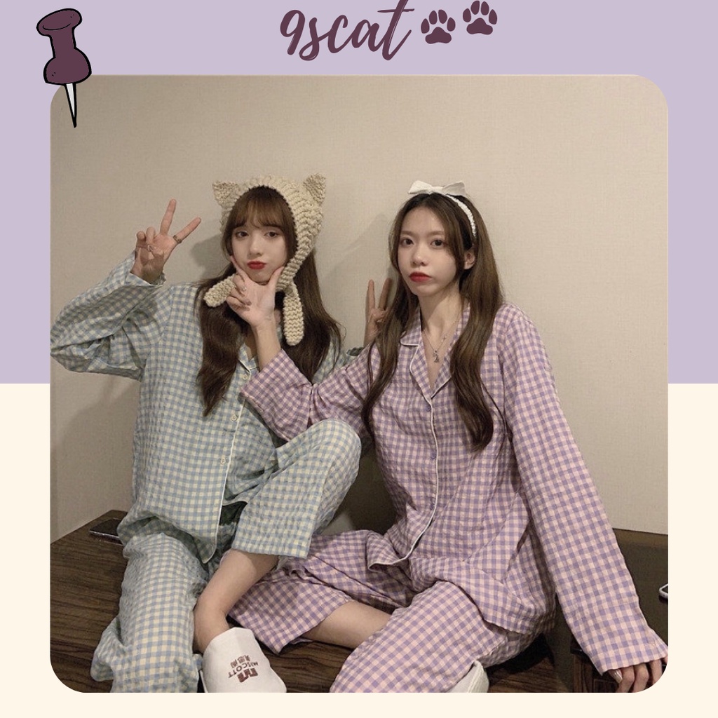 BN5_Bộ ngủ pijama | bộ mặc nhà dài tay họa tiết kẻ caro màu pastel ulzzang Hàn Quốc