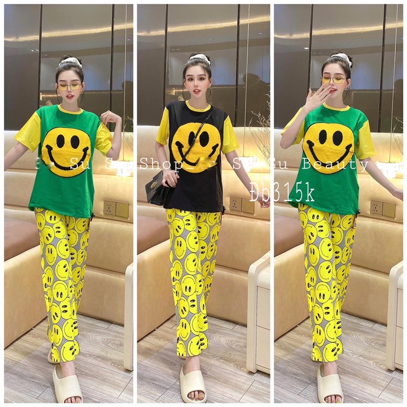 Set mặt cười to tay phối quần suông xinh xắn