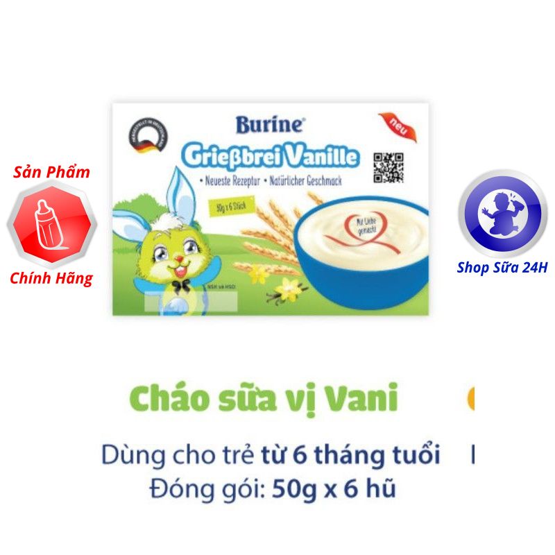 Cháo Sữa Burine Đủ Vị Pudding Vani, Pudding Chuối, Bích Quy, Vani Lốc 6 Hộp x 50g