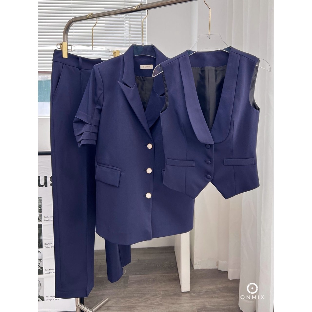 set Suit: áo Blazer tay ngắn + Gile basic + Quần tây ống suông nữ ONMIX, xanh Navi, vải Tuytsi Hàn cao cấp