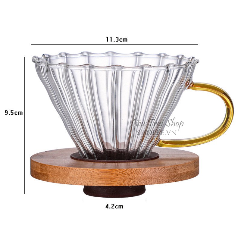 Bộ bình và phễu v60 pha cà phê giấy lọc Pour over  drip brew giá gỗ tròn gioăng silicone có quai