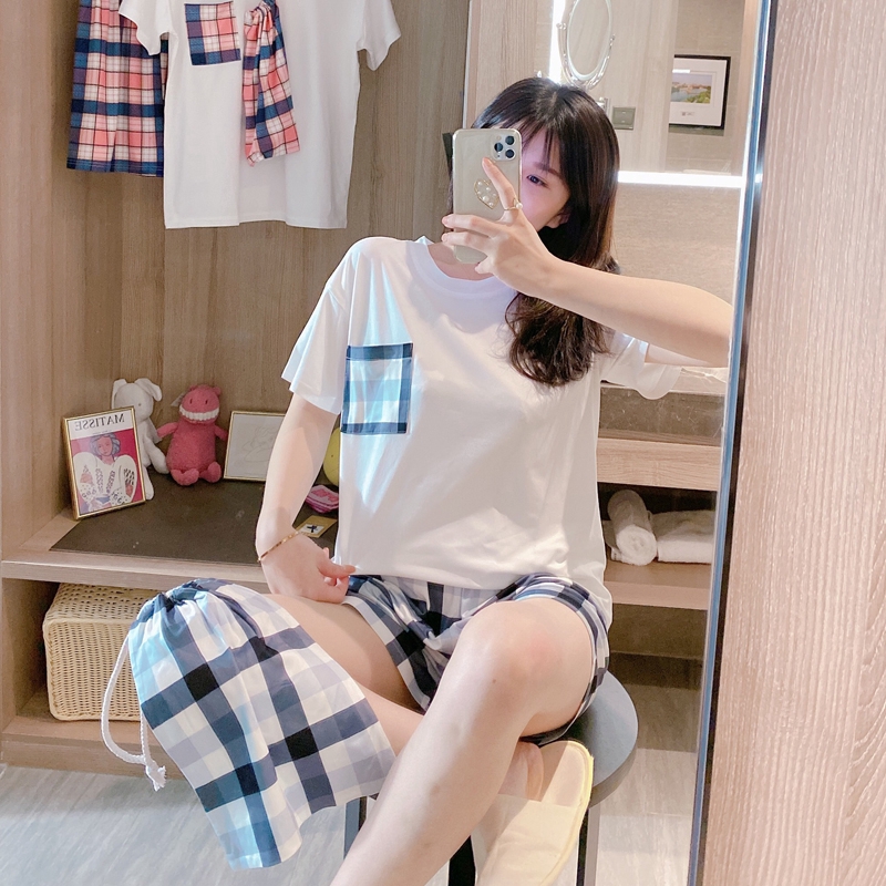 summer women new korean plaid print short-sleeved T-shirt and shorts pajama set 2 pieces