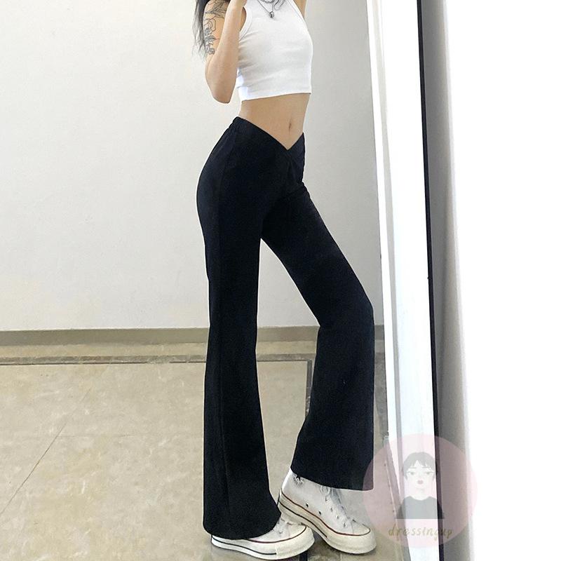 Quần Dài Ống Loe Lưng Thấp Màu Đen / Trơn Đơn Giản Size S / M / L