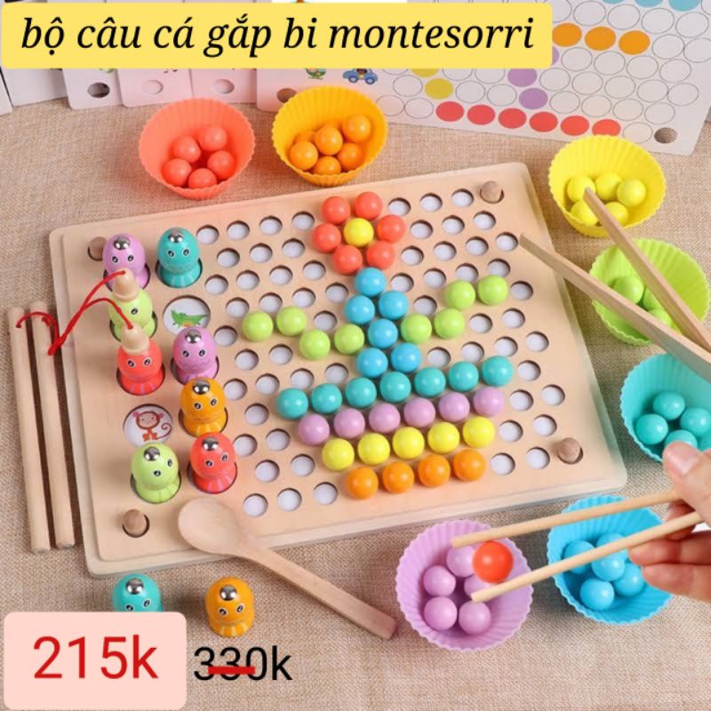 Bộ gắp hạt gỗ montessori 3 trong 1 câu cá lật hình thông minh cho bé
