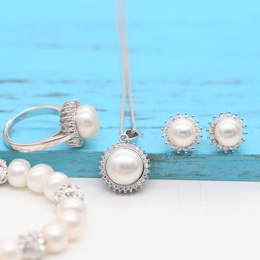 Bộ trang sức ngọc trai thật nuôi nước ngọt khảm bạc s925 đính đá zircon thiết kế cổ điển sang trọng T3 Bảo ngọc Jewelry
