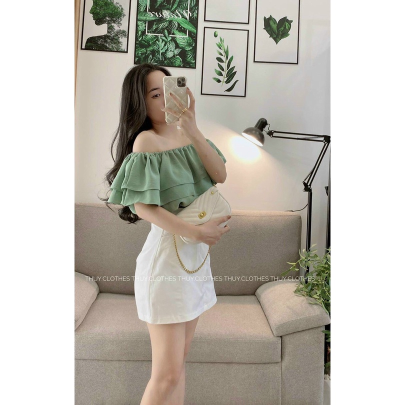 Set váy 2 món với áo kiểu nữ bệch vai phối nhúng tầng kèm chân váy chữ A có túi ôm dáng đẹp