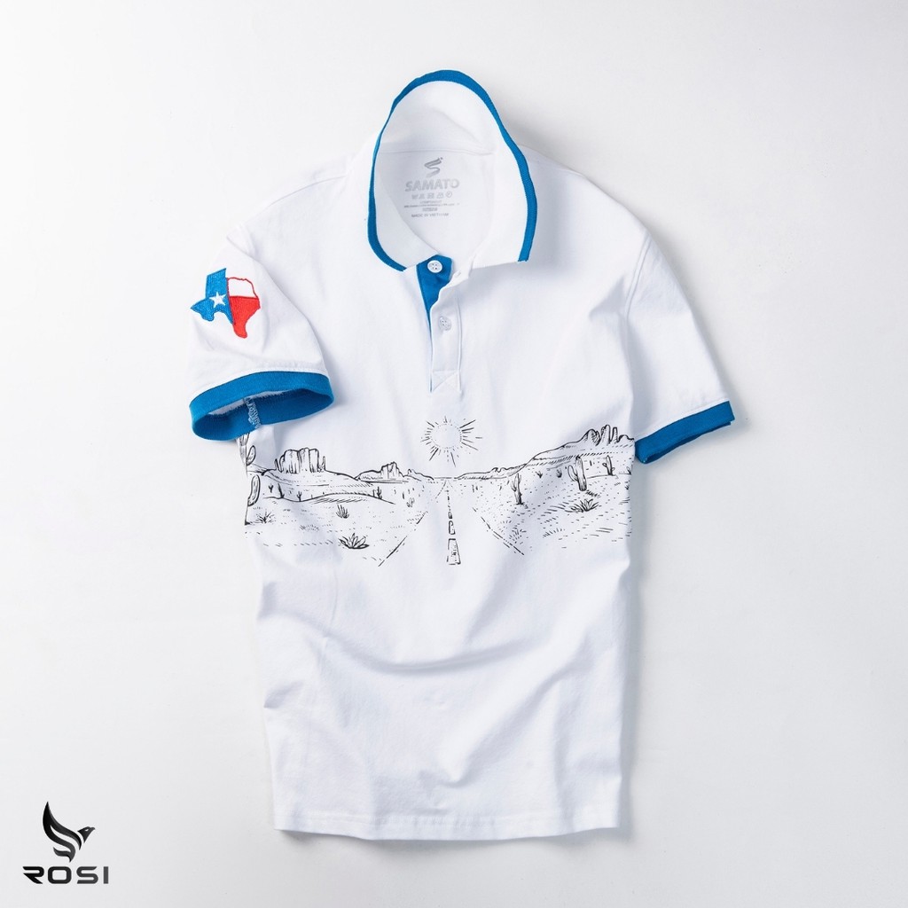 Áo thun nam cao cấp Rosi PL19 cổ polo tay bo ngắn,vải cotton cá sấu màu trắng,họa tiết in thêu xẻ tà,dáng xuông(Reguler) | BigBuy360 - bigbuy360.vn