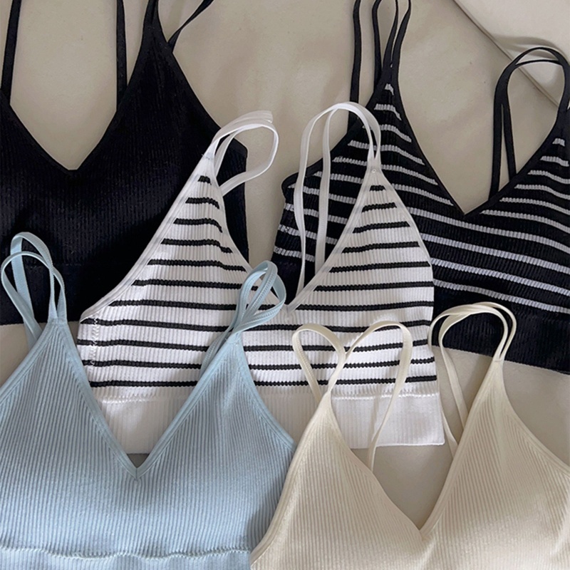 Áo Croptop Dệt Kim Hai Dây Cổ V Kẻ Sọc Thời Trang Cho Nữ