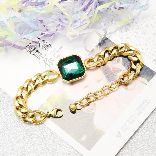 Lắc Tay Dây Xích Vàng Đá Nhân Tạo Màu Xanh Lá Titan Ko Đen TT 2527
