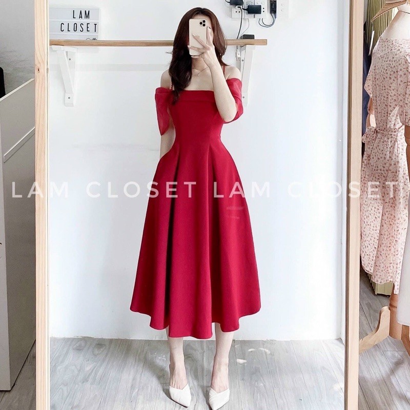 ĐẦM MIDI XOÈ HAI DÂY RỚT VAI SIÊU XINH KÈM ẢNH THẬT