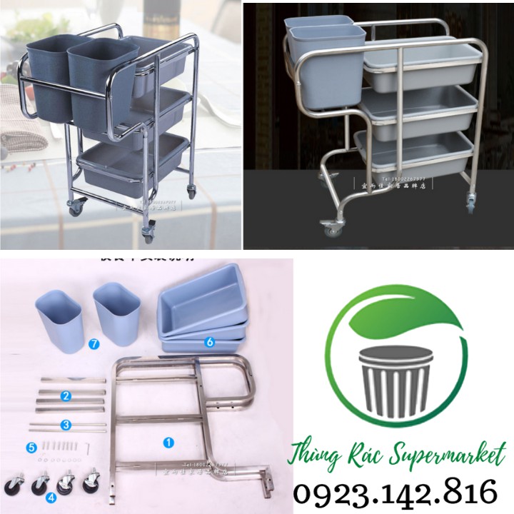 Xe dọn dẹp nhà hàng inox chân thẳng / chân uốn cong - bộ khay đựng xám - 800*440*930