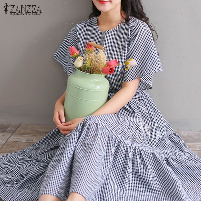 Đầm babydoll họa tiết kẻ sọc ZANZEA phối thắt lưng thời trang cho nữ