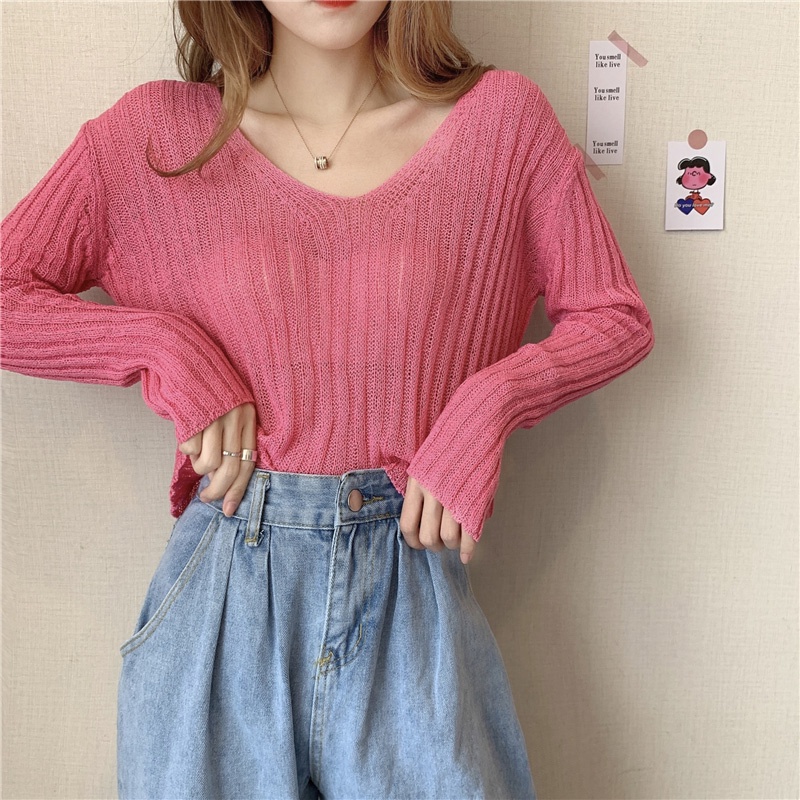 Áo Thun Dệt Kim Tay Dài Cổ Chữ v Mỏng Chống Nắng Phong Cách Hàn Quốc Mới Cho Nữ