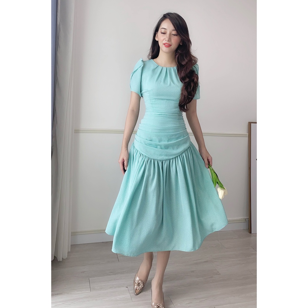 Đầm Maxi Cổ Tròn Kính Siêu Đẹp Chuẩn Gu Quý Cô Sang trọng, Váy xòe, tay ngắn, che bụng, xếp eo, chấm bi, đi làm, du lịch | BigBuy360 - bigbuy360.vn