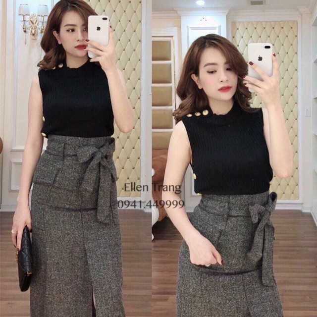 Sét áo thun kết nút vai kèm chân váy cột nơ eo