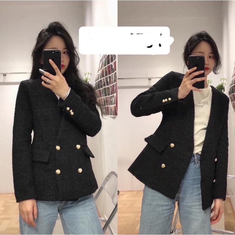 Blazer zara new tag màu đen dạ tweed