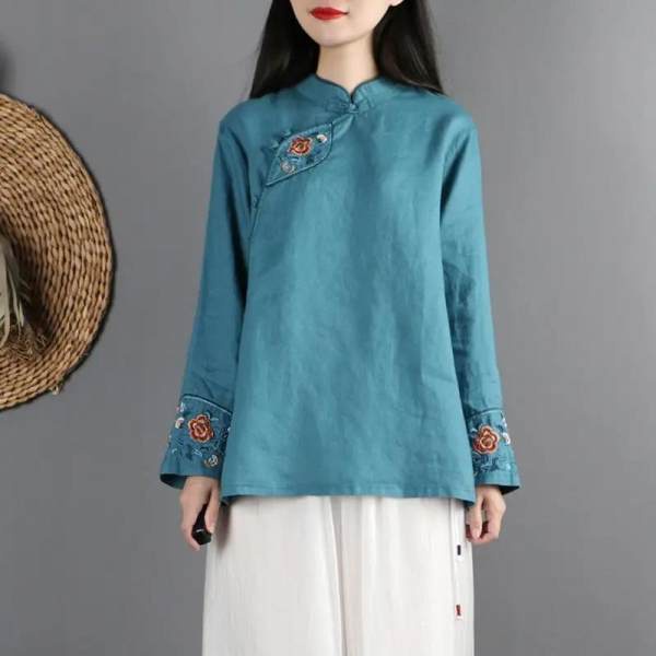 Áo sơ mi tay dài size lớn họa tiết thêu phong cách cổ trang dành cho nữ Ca1565