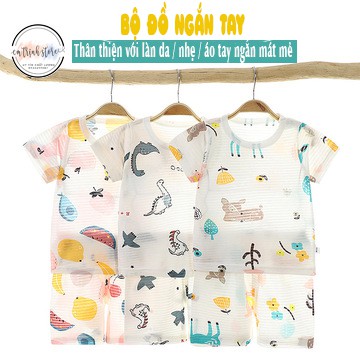 Đồ bộ ngắn tay cotton cho bé trai, bé gái mùa hè, quần áo ngủ trẻ em họa tiết dễ thương