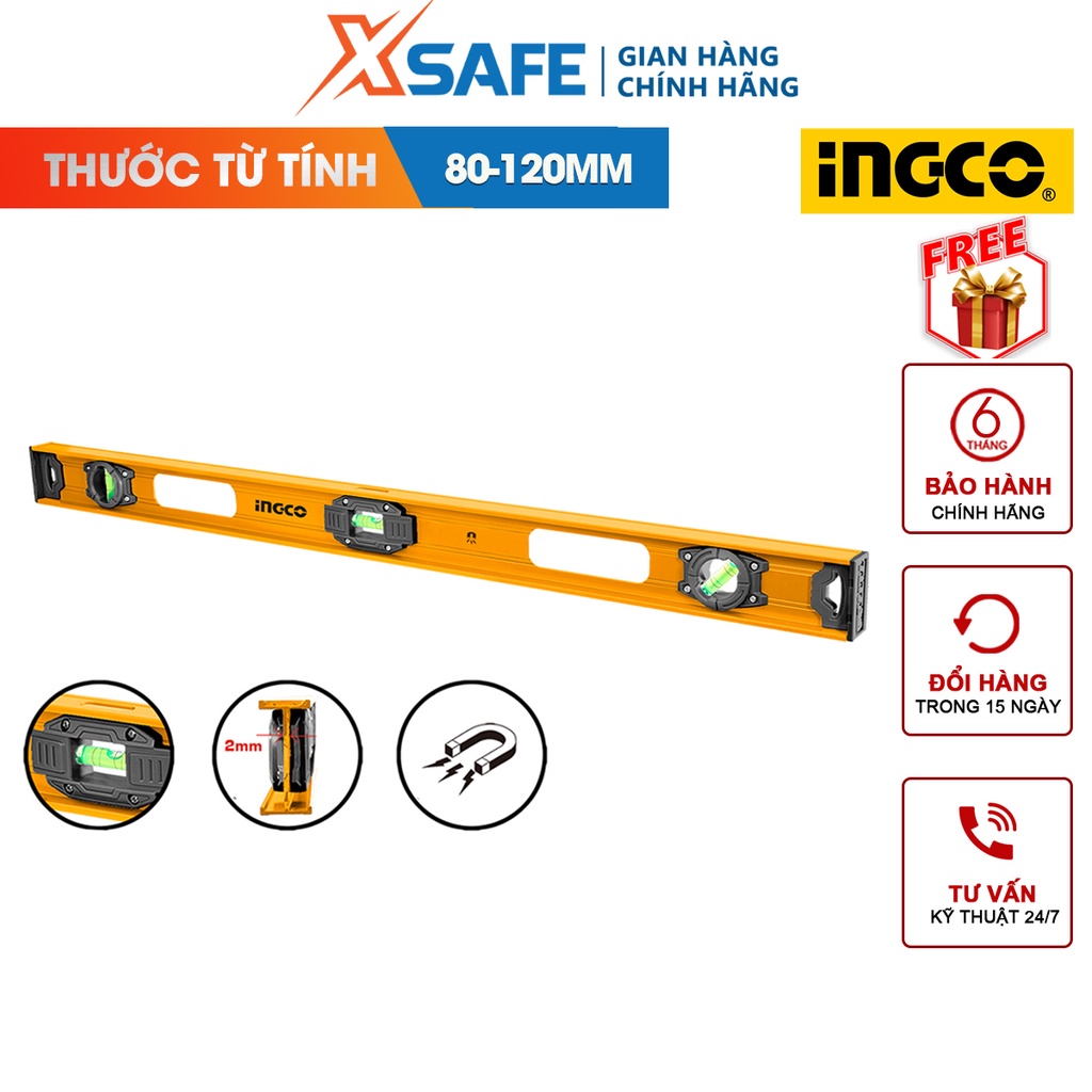 Thước thủy có từ Ingco HSL28080 bằng nhôm dài 80cm, dày 2.0mm, từ tính, đo độ nghiêng, góc nghiêng - chính hãng