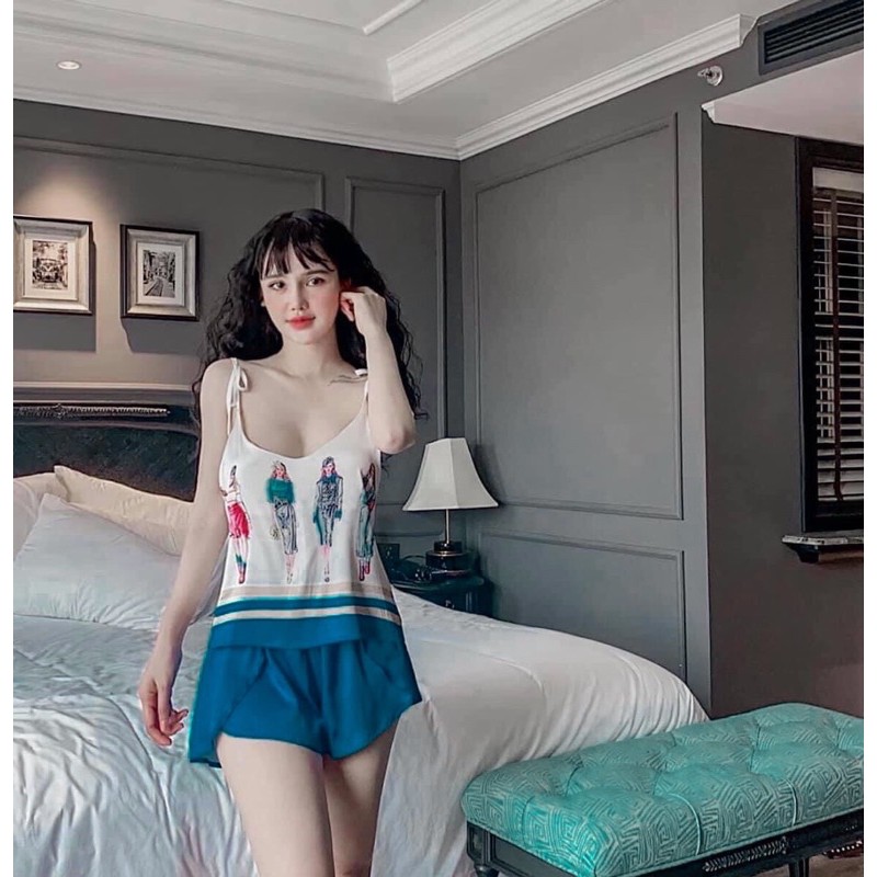 Đồ ngủ nữ sexy  Freeship  Đồ ngủ nữ sexy chất satin in hình 3D Freesize dưới 60kg- Linqu Sleepwear