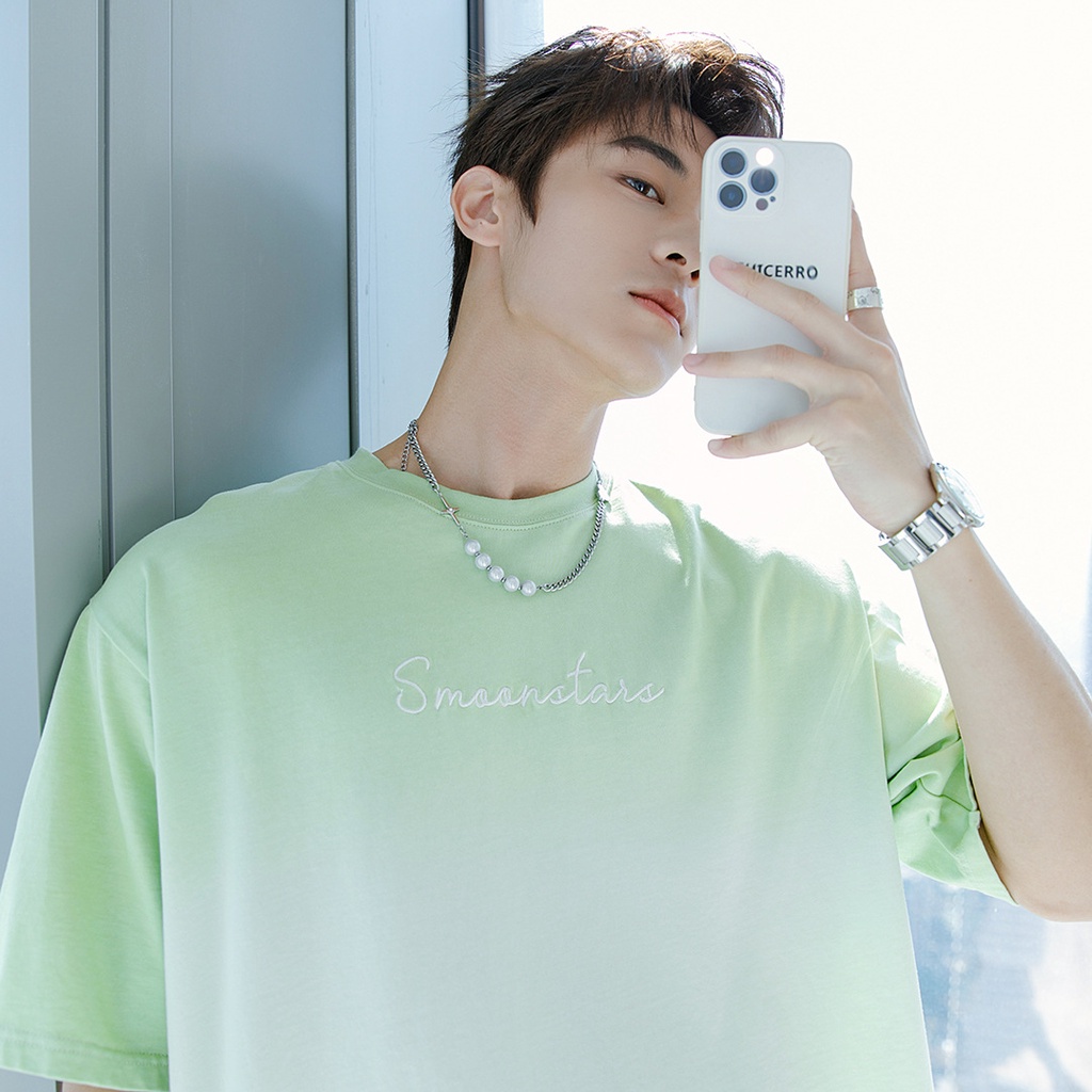 Áo Thun Ngắn Tay Thêu Chữ Màu Xanh Bơ Gradient Thời Trang Cho Nam Nữ