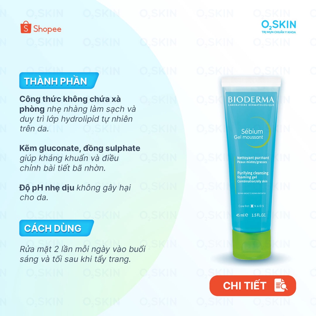 Gel Rửa Mặt Không Xà Phòng Dành Cho Da Dầu, Da Mụn Bioderma Sebium Gel Moussant 45ml Cam Kết Chính Hãng
