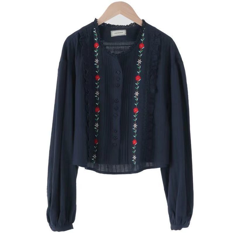 Áo Sơ Mi Dài Tay Xếp Ly Cài Một Hàng Nút Thêu Họa Tiết Phong Cách Hàn Quốc Mới Cho Nữ