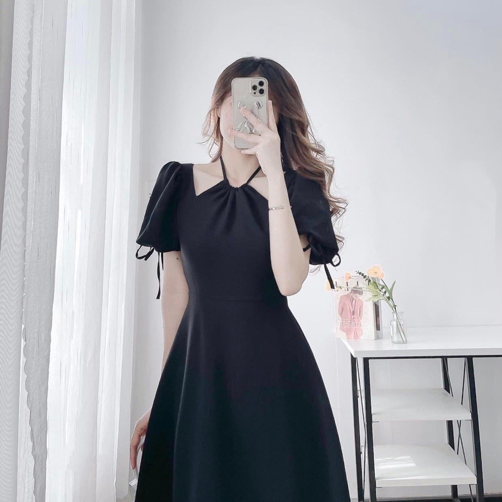Váy đầm cổ yếm tay bồng dáng dài vải xốp hàng thiết kế, váy đầm maxi dáng dài đi biển