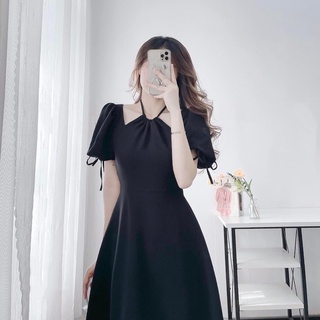 Váy đầm cổ yếm tay bồng dáng dài vải xốp hàng thiết kế, váy đầm maxi dáng dài đi biển